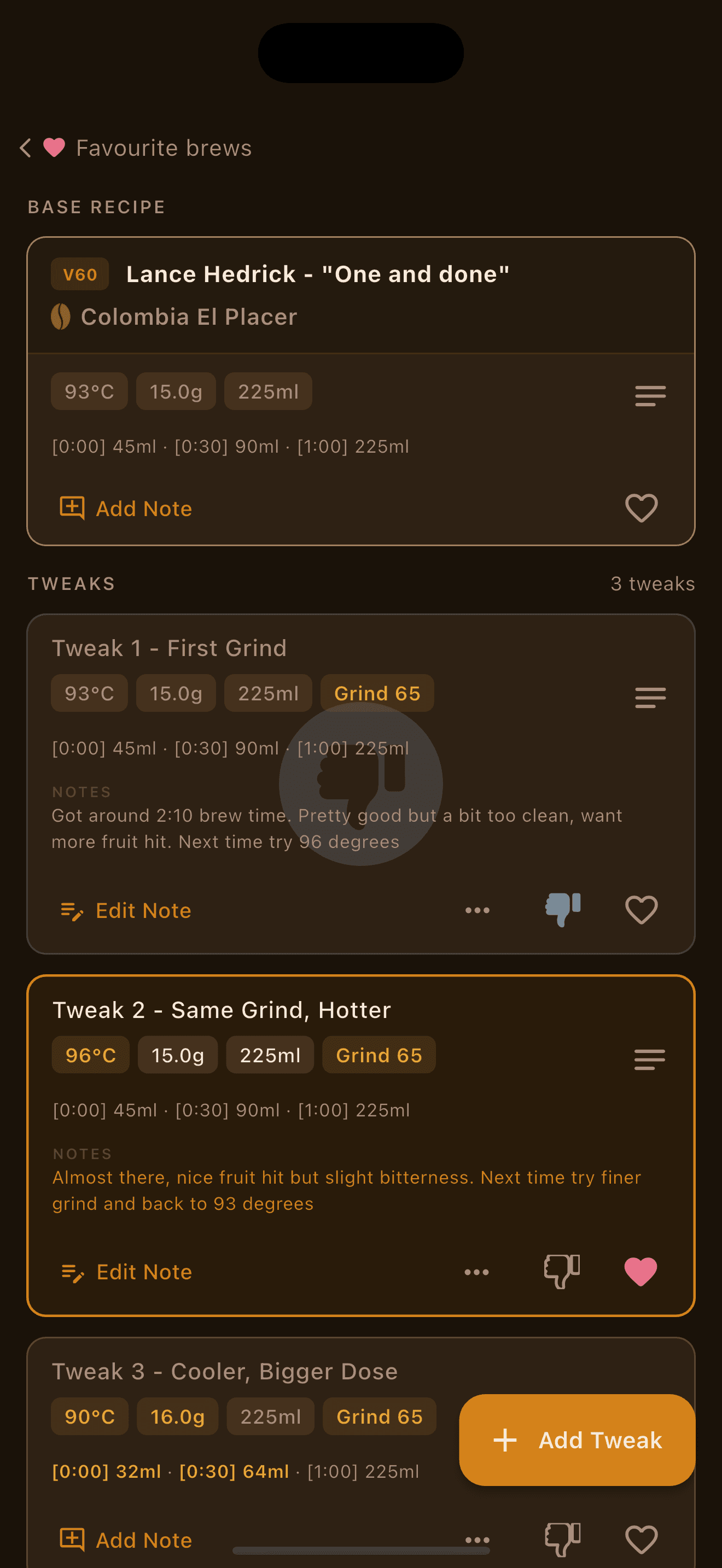 Tweaks list showing a favourited brew in OneMoreBrew